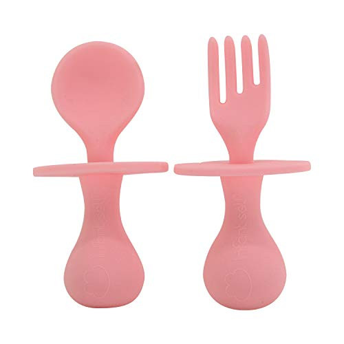 Infant Self Baby Spoon Fork Silicone Self Feeding Utensil Set Baby First Training Weaning for 6 plus Month Baby Toddler BPA Free -Pink-
