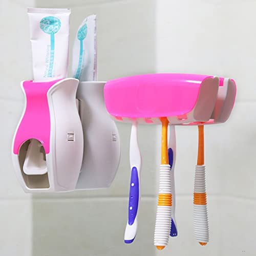 Toothpaste Dispenser Toothbrush Holder for Bathroom Wall Mounted Automatic Toothpaste Squeezer and Tooth Holder White Black Bathroom Organizer Accessories Set White and Pink