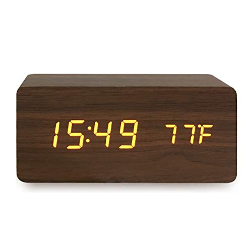 Digital Alarm Clock with Wooden Electronic LED Time Display 3 Alarm Settings Humidity Detect Wood Made Electric Clocks for Bedroom Bedside -Brown-