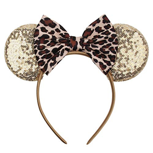 YanJie Mouse Ears Leopard Bow Headbands Glitter Party Princess Decoration Cosplay Costume for Girls  and  Women -Gold plusLeopard-