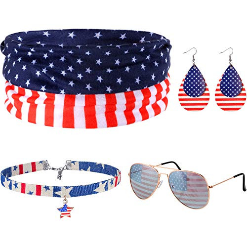 4 Pieces Independence Day Accessories Red White and Blue Patriotic Headband Elastic Hair Bands Stars and Stripes Cross Bandana with American Flag Earring Necklace and Glasses 4 Pieces Independence Day Accessories Red White and Blue Patriotic Headband Elastic Hair Bands Stars and Stripes Cross Bandana with American Flag Earring Necklace and Glasses