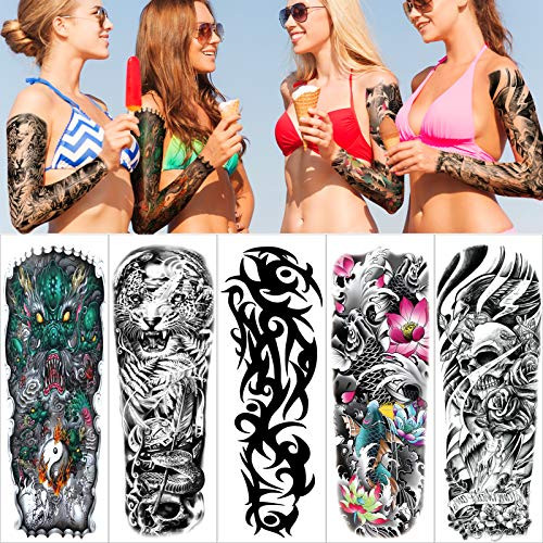 Konsait Large Temporary Tattoos Full Arm Tattoo Sleeves Temporary Sleeve Tattoos Large Fake Body Art Arm Chest Shoulder TattooExtra Black Tattoo Body Stickers for Man Women-5 Sheet-