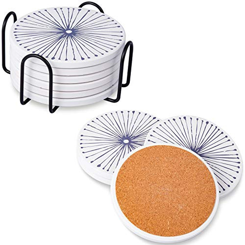 Coasters for Drinks Absorbent with Holder Stone Coaster with Cork Backing Set of 6 - Great Gift for Birthday Housewarming Room Decor Bar Holiday Party -White- -D-Blue Rays-
