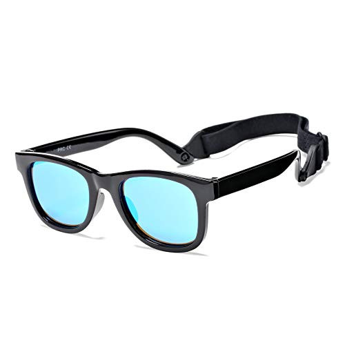 Polarized Sunglasses for Baby with Strap 100 percent UV Protection Shades for Toddler girls boys Age 0-24 Months-Black-Blue Mirror-