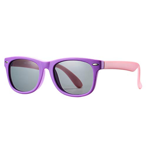 DeBuff Kids Polarized Sunglasses TPEE Rubber Flexible Frame for Boys Girls Age 3-10 -Purple-Pink-