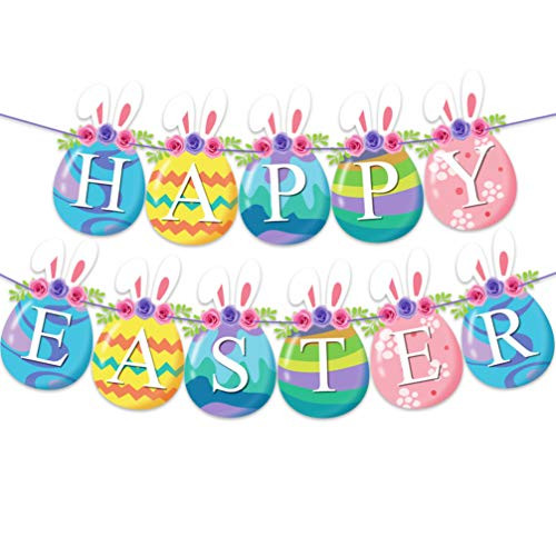PRETYZOOM Colorful Happy Easter Banner Rabbit Bunting Garlands Floral Bunny Banner Easter Photo Background Easter Party Decorations Favors