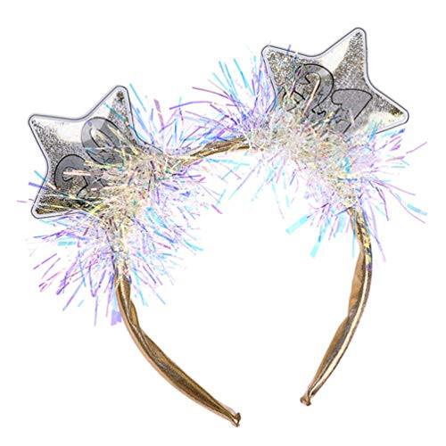 BESTOYARD Happy New Year Headband 2021 Star Tinsel Crown Hair Hoop Headdress Hair Accessories for Christmas Holiday Party Supplies
