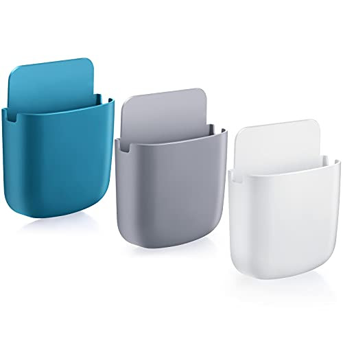 3 Pieces Remote Control Holder Wall Mount Adhesive Remote Control Holder Wall Mount Media Storage Box Sticky Media Organizer for Phone Remote Control Pen Home Office School -White Gray Blue-