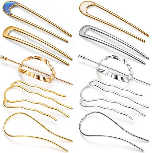 10 Pieces Metal U-Shape Oval Side Comb Hairpin Hair Fork Clip Stick Hair Bun Updo Hair Sticks Gold Silver Chignon Pin Grips for Women Hair Styling Tool Accessories
