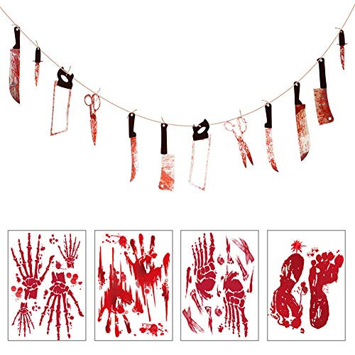 Halloween Bloody Garland Decorations Halloween Bloody Props Weapons Banners Garland and Bloody Handprints and Footprints Window Stickers Vampire Zombie Party Decorations Supplies -6 Pieces-