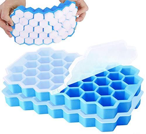 Ice Cube Trays 2 Pcs Silicone Ice Cube Molds with Sealed Lid BPA Free  and  Flexible Honeycomb Shaped Ice Trays Creates 74 Small Ice Cubes for Chilled Drinks Whiskey Cocktail Food Blue