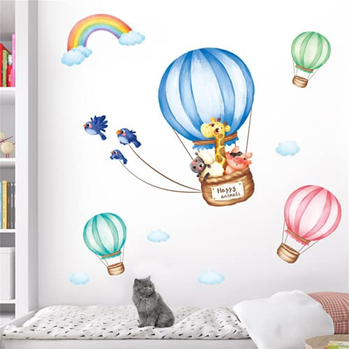 Colorful Cute Cartoon Lovely Animals Clouds Hot Air Balloons Wall Stickers for Kids Watercolor Removable Wall Decals DIY Decorations for Nursery Baby Boys Girls Bedroom Playroom Living Room Gaming Room