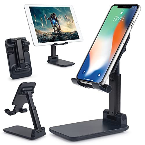 Cell Phone Stand Tablet Stand Holder Adjustable Height  and  Angle Black Foldable Cell Phone Holder for Desktop Phone Stand for Desk Compatible with for iPhone-Samsung Galaxy All Tablets and Phones
