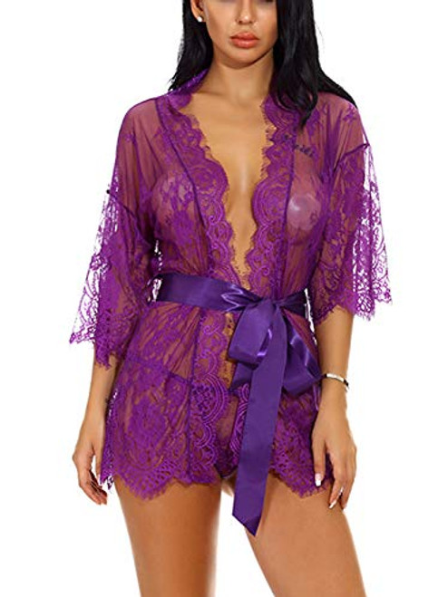 Women's Lace Kimono Robe Sexy Babydoll Lingerie Mesh Nightgown Cover Up Purple Women's Lace Kimono Robe Sexy Babydoll Lingerie Mesh Nightgown Cover Up Purple