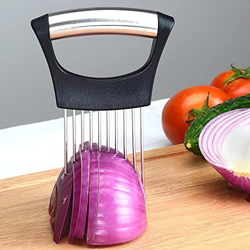 Food Slice Assistant Onion Holder Slicer Cutter - Stainless Steel Onion Holder Slicer Cutter Chopper - Meat Fruits Tomato Vegetable Lemon Potato Carrot Cutter Slicer - Kitchen Gadgets Utensil Holder