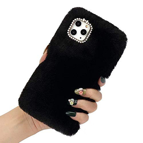 Pepmune for iPhone 12 Pro Max Cute Case Women Girls Furry Plush Design with Diamond Silicone Soft Bumper Fashion Fluffy Fur Warm Protective Back Cover for Apple iPhone 12 Pro Max Phone Cases Black