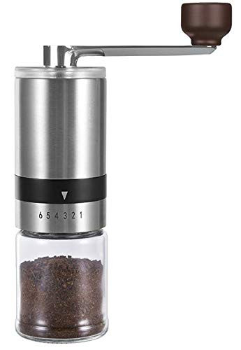 ESCO Manual Coffee Grinder Ceramic Burr. Coffee Grinder Grinder 6 Adjustable Setting Portable Hand Crank Coffee Bean Conical Mill for French Press Coffee -Silver-