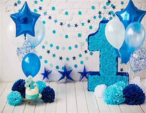 Wofawofa Kids 1st Birthday Backdrop 5X3FT Vinyl Sweet Cake Smash Backdrops Paper Floral Balloons Banner Stripes Wood Floor Photography Background for Boys Birthday Party Photo Studio Props BL175