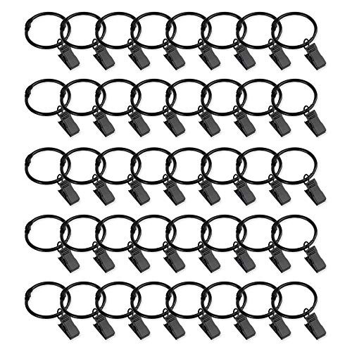 QLG and S Black Ring Metal Curtain Rings Clips with Hooks 40 Pcs Rustproof Drapery Clip Rings 1.26 Inch Interior Diameter Curtain Rings Hook -Open Loop with Clip-