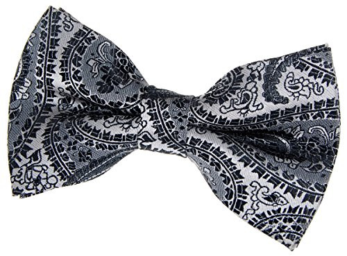 Retreez Men Paisley Art Pattern Woven Microfiber Pre-tied Bow Tie -4.5"- - Silver on Black