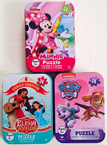Bundle Set of 3 Mini Jigsaw Puzzles: Disney Polka Dot Minnie Mouse, Elena of Avalor, Nickelodeon Paw Patrol (Everest and Skye) 24 Pieces Each in Collectible Illustrated Travel Tin Cases