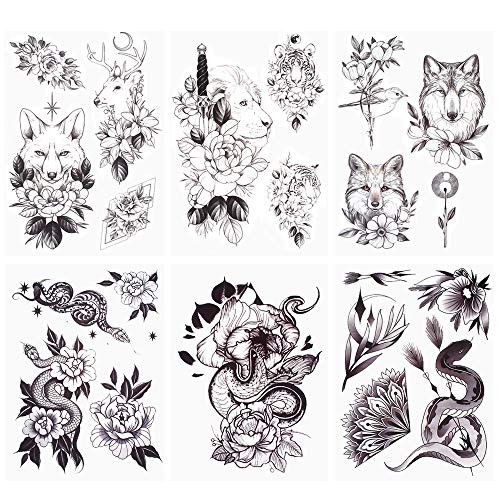 glaryyears 10 Sheets Flower with Animals Temporary Tattoos for Women Men Black Rose Fake Tattoo Stickers Wolf Fox Lion Sword Tiger Snake Cat?Waterproof on Arm Shoulder Hand Wrist Body Art Large Size