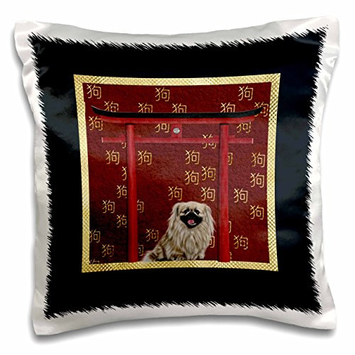 3dRose Beverly Turner Chinese New Year Design - Pekingese Dog, Red Asian Arch, Scattered Sign of The Dog Design, Gold - 16x16 inch Pillow Case (pc_262815_1)