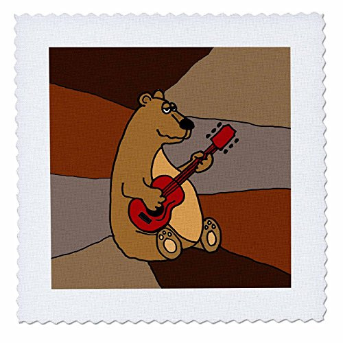 3dRose Funny Brown Bear Playing Red Guitar with Abstract Background - Quilt Square, 8 by 8-Inch (qs_200480_3)