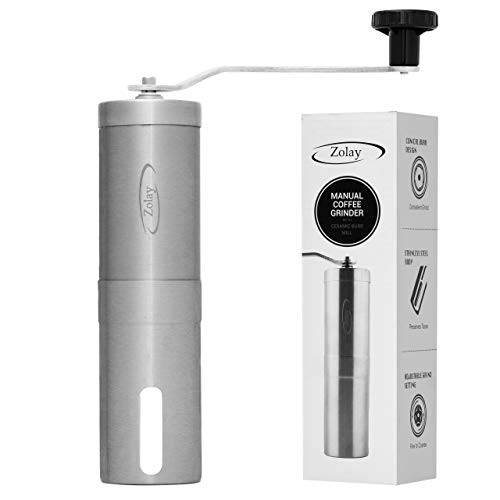 Zolay Manual Coffee Grinder Brushed Stainless Steel Conical Burr Mill - Whole Bean Burr Coffee Grinder for French Press Turkish Brew Aeropress Drip Coffee Espresso -Silver- Zolay Manual Coffee Grinder Brushed Stainless Steel Conical Burr Mill - Whole Bean Burr Coffee Grinder for French Press Turkish Brew Aeropress Drip Coffee Espresso -Silver-