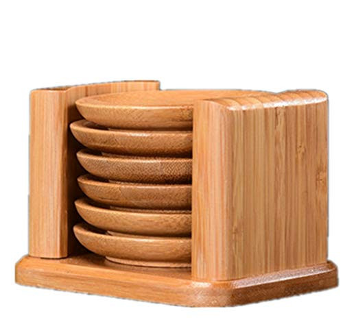 LeYin Bamboo Wood Coasters set with Holder 6 Piece Round Bamboo Wood Coaster With Holder Set for Home Housewarming Kitchen Table Gift -7.5cm-
