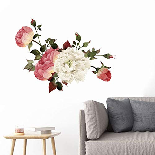 TIICA Fresh Peony Flower Wall Decals Watercolor Red and White Floral Peel and Stick Wall Art Sticker Girls Bedroom Living Room TV Wall Home Decor