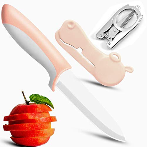 Premium Ceramic Knife 4 inches Kitchen Utility Knife - Ultra Sharp Fruit Knife for Vegetable Food with Hippo Shaped Cover Small Portable Paring Knives Food knife with Sheath Pink by Jonbyi