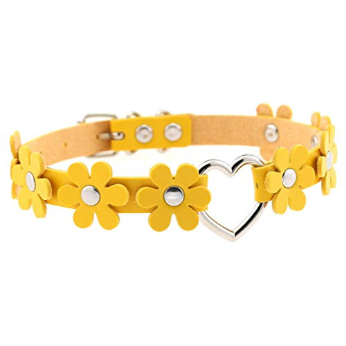 Women Girls Flower Leather Choker Collar Punk Rock Gothic Heart Choker Necklace -Yellow- Women Girls Flower Leather Choker Collar Punk Rock Gothic Heart Choker Necklace -Yellow-