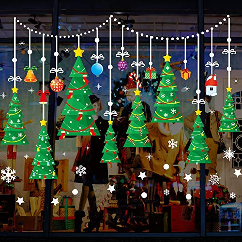 YULOONG Christmas Windows Static Stickers Colorful Clings Removable Vinyl Santa Claus Christmas Tree Snowman Snowflake Deer DIY Wall Window Door Mural Showcase Decal Sticker