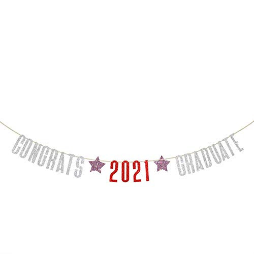 Halodete Glitter Congrats 2021 Graduate Banner - Congrats Grad-Congratulation Graduation Banner - Class of 2021 Grad Party Decorations Silver  and  Red