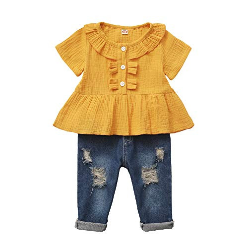 18 Months Girl Clothes Toddler Baby Girl Outfits Vintage Ruffle Shirt Infant Clothes Girls Blue Ripped Jeans Denim 18-24 Months Girl Clothing Summer