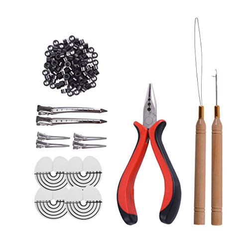 500pcs Silicone Micro Rings Hair Extension Tools Kit- Three-hole Hair Pliers Micro Pulling Needle Loop Threader and Silicone Micro Links -Black-