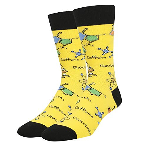 Funny Chemistry Science Caffeine Molecule Socks For Men In Yellow-Novelty Chemistry Science Gifts For Teacher Nerd