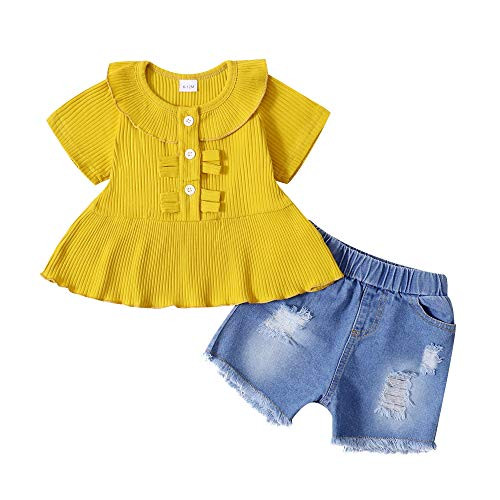 18 Months Girl Clothes Toddler Baby Girl Outfit Yellow Vintage Ruffle Shirt Infant Summer Clothes Girls Blue Denim Shorts 18-24 Months Girl Clothing