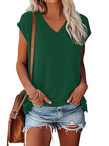 Womens Tops and Blouses Tunic Loose T Shirts Solid Color Short Sleeve Summer V-Neck Basic Casual Tops with Pockets Green L