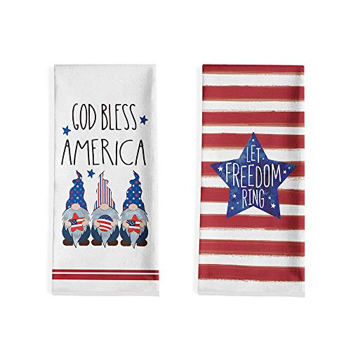 Artoid Mode Watercolor Strips Star Gnome Kitchen Dish Towels 18 x 28 Inch 4th of July Patriotic Memorial Day Independence Day Ultra Absorbent Drying Cloth Tea Towels for Cooking Baking Set of 2