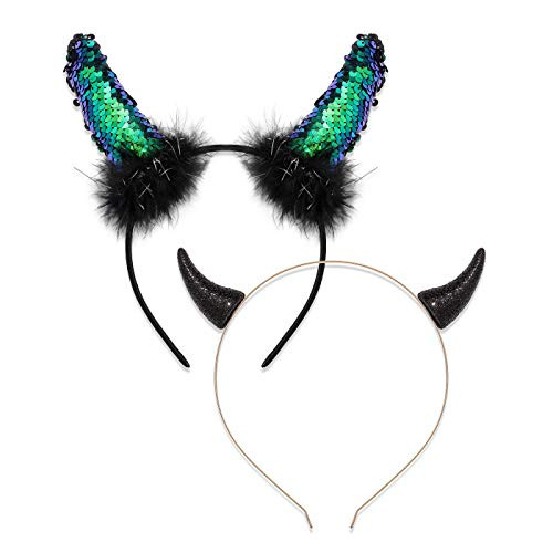 Halloween Headband Faux Fur Sequin 3D Glitter Devil Horns Hair Hoop Costume Party Halloween Cosplay Hair Accessories -red plusgreen horn-
