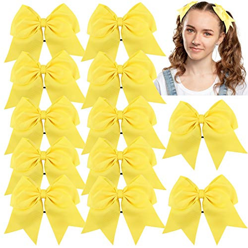Ondder 6.5" Large Hair Bows Fashion Bow Scrunchies Hair Ties Solid Color Hair Scrunchies Yellow Bow Cheer Hair Bows Ponytail Holder Cheerleading Bows Elastic Hair Tie Grosgrain Ribbon Cheer Bows for Women Girls