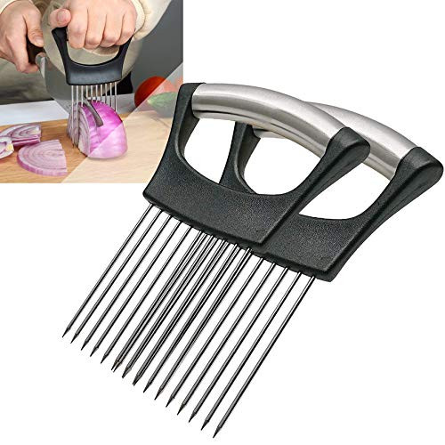 2Pack Onion Slicer Meat Slicer Food Slice Assistant Onion Holder Slicer Kitchen Gadgets - Stainless Steel Vegetable Holder Cutting Kitchen Gadget Tomato Peeler