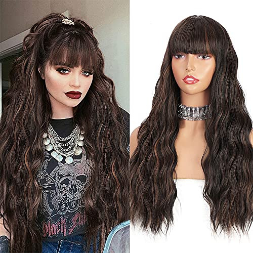 Vigorous Dark Brown Wigs with Bangs Long Wavy Highlights Wigs for Women Blonde Highlights Wig Heat Resistant Synthetic Wig Natural Looking Wigs for Daily Party Use -Mixed Brown- Vigorous Dark Brown Wigs with Bangs Long Wavy Highlights Wigs for Women Blonde Highlights Wig Heat Resistant Synthetic Wig Natural Looking Wigs for Daily Party Use -Mixed Brown-
