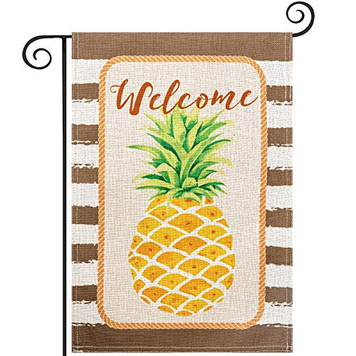 Watercolor Stripes Pinapple Garden Flag hogardeck Premium Burlap Welcome Yard Flag Vertical Double Sided Tropical Fruit Summer Spring Decor Outdoor Indoor Front Porch Decor 12.5 x 18 inch