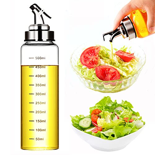 17oz Clear Glass Olive Oil Dispenser Bottle - 500ml Oil  and  Vinegar Cruet With Dripless Capped Spout - No Drip Olive Oil Carafe Decanter for Kitchen