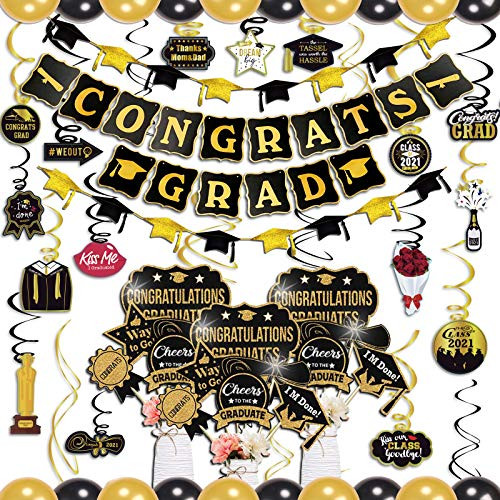 kortes Graduation Decorations Kit Congrats Grad Banner Hanging Swirls Graduations Confetti Red and Black Balloons for Grad Party Decorations Supplies -Black-