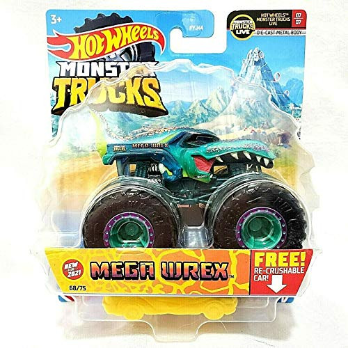 DieCast Hotwheels Monster Trucks 2021 -Mega Wrex- 68-75 with recrushable car 1-64 Scale