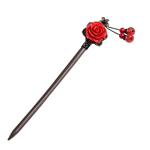 PIXNOR Vintage Wood Hair Sticks Red Flower Chinese Japanese Hair Pins Picks Handmade Long Fork Pen Hairpins Sticks Clips Barrettes for Wedding Women Girls Hair Accessory